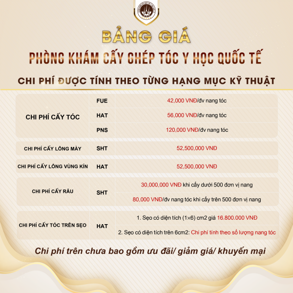 Bảng giá cấy tóc, lông mày, râu, tóc mai, cấy trên sẹo, lông mu, lông ngực tại phòng khám cấy ghép tóc y học Quốc tế