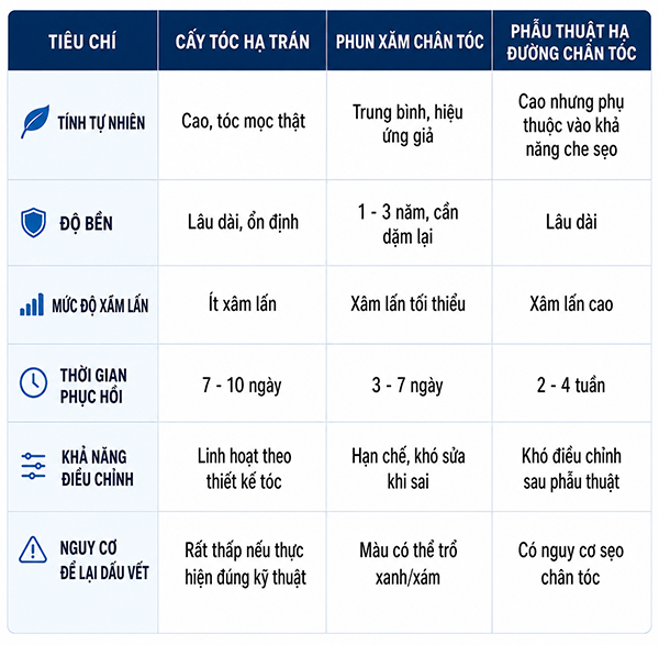 Bảng so sánh các phương pháp cải thiện trán cao: