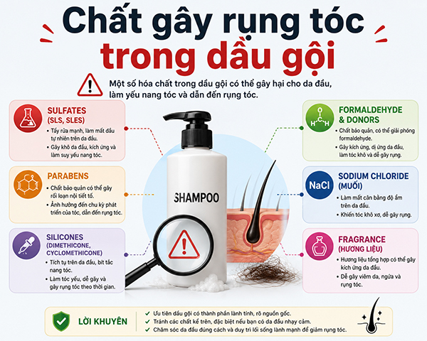 các chất trong dầu gội gây rụng tóc