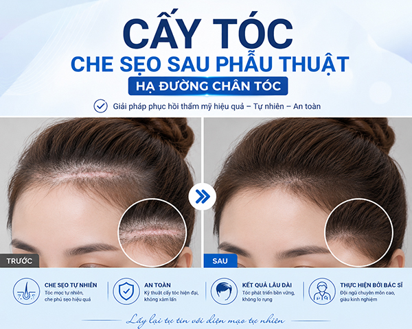cấy tóc che sẹo sau phẫu thuật hạ đường chân tóc